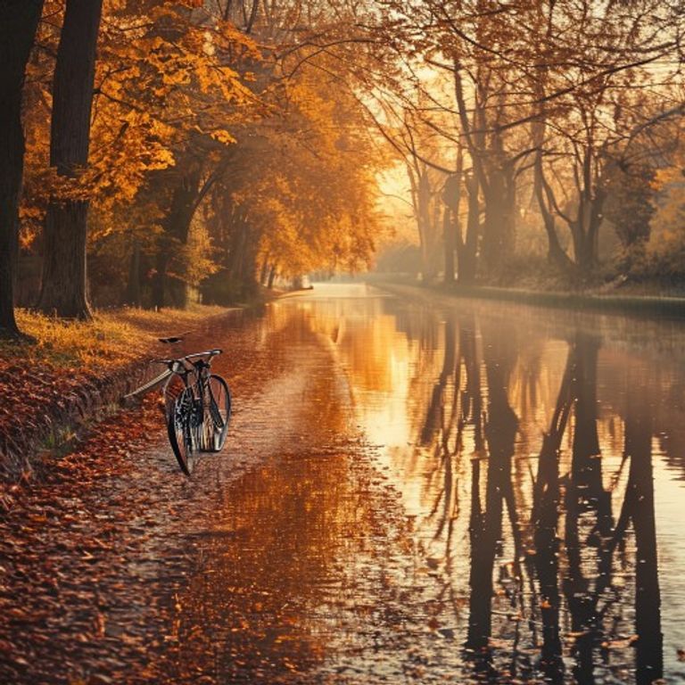 Fietspad langs waterkanaal in herfstkleuren